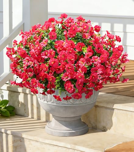 Fake Plants Artificial Flowers for Outdoor Outside Decor, 12 Bundles Faux Flowers Silk Hot Pink Morning Glory with Eucalyptus Look Real UV Resistant Faux Greenery for Planter Front Door Porch Patio - color: Hot Pink