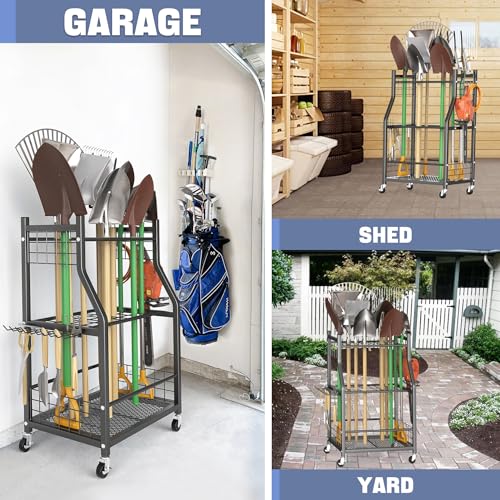 WALMANN Garden Tool Organizer with Wheels, Rakes/Shovels/Yard Tools Stand - size: 22.75 inch M