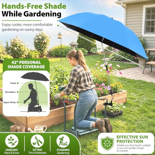 Garden Kneeler Umbrella with Clamp,42” Canopy, UPF50+ Sun Protection - color: Blue