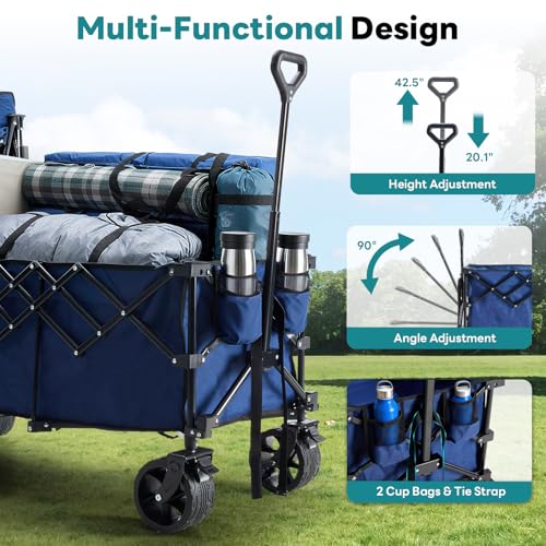 OLIXIS Collapsible Wagon Cart, Heavy Duty Wagon Cart Foldable with Wheels - color: Blue-extra L