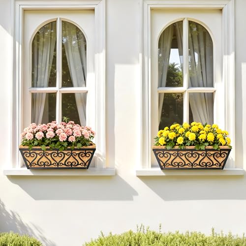 4 Pack 16 Inch Deck Railing Planter Box - Window Boxes Planters with Adjustable Brackets Coco Liners Balcony Planters Railing Hanging for Window Flower Boxes Outdoor Garden Decor - size: 16 Inch