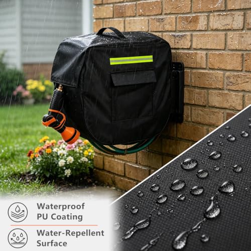 Retractable Garden Hose Reel Cover with Plush Lining, Heavy Duty 100% Waterproof Outdoor Wall Mounted Garden Hose Reel Cover with Side Pocket - 20.9" W x 11.4" D x 18.9" H (Cover Only) - color: Black#1, size: 20.9" W x 11.4" D x 18.9" H