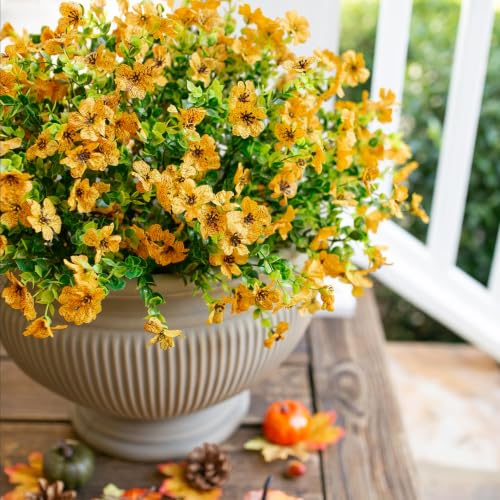 HyeFlora Artificial Fall Flowers Faux Mums for Outdoor Indoor Garden Home Decoration, Faux Flower Daisy with Eucalyptus Leaves Fake Plants Greenery Boxwood Porch Patio, 12 Bundles (Yellow) - color: Yellow