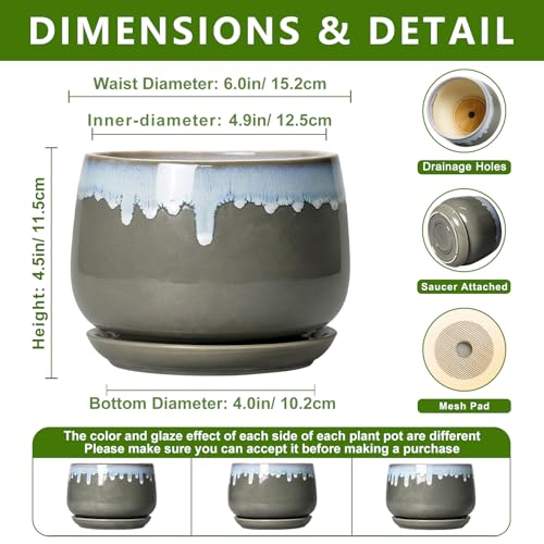 Ceramic Pots for Plants 6 Inch, Indoor Plant Pots, Grey-Blue - size: 6 Inch, style: Grey-blue