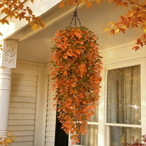 Waipfaru 4Pcs Fake Hanging Plants, Eucalyptus Leaves Fake Vines Fall Decor - color: Orange Eucalyptus Vines, size: 4Pcs Plants