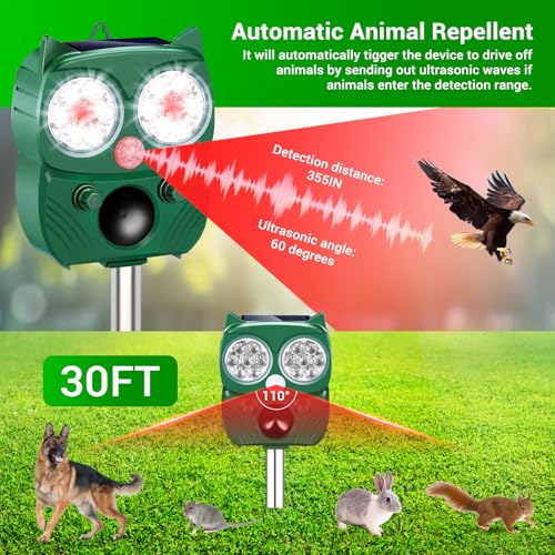 Solar Animal Repellent for Outdoor, Ultrasonic Pest Repeller with LED Strobe Light, Cat Repellent IP66 Waterproof, Effective Deterrent for Dogs, Deer, Raccoons, Skunks, Squirrels in Yard, Garden