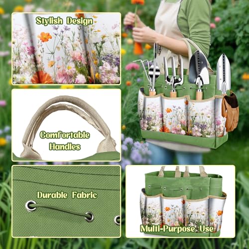 Garden Tools 9 Pcs Heavy Duty Gardening Tool Set Green Tote Bag Men Women - color: Green