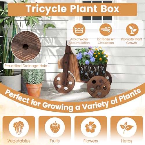 GIANTEX Wooden Wagon Planter with Wheels, Rustic Wood Plant Stand with 3 Wheels & Drainage Hole for Flowers Herbs Vegetables, Indoor Outdoor Decorative Garden Flower Cart for Patio Backyard (2) - style: Solid Wheel
