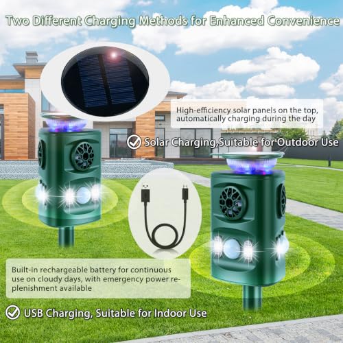 Rechargeable 360° Solar Ultrasonic Animal Repeller Motion Sensor Deer Repellent Devices, Deer Deterrent with Flashing Light, Repel Dog Cat Skunk Rabbit Squirrel Yard Garden Outdoor - size: 1 Count (Pack of 1)