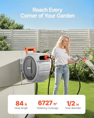 VEVOR Retractable Garden Hose Reel, 1/2 Inch x 84 ft Wall Mounted Heavy Duty Garden Hose Reel with 9 Patterns Nozzle, Any Length Lock, Upgraded Slow Return System and 180°Swivel Bracket - size: 1/2 in x 84 ft