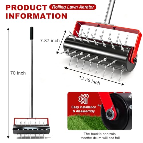 Rolling Lawn Aerator Tool Heavy Duty Manual Push Aerator Lawn Tool with 42 Spikes Lawn Aerator Spike Tool Soil Penetrator Push Lawn Aeration for Garden Yard Patio (Red)