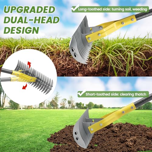 Thatch Rake, 70 inch Heavy Duty Dethatcher Rake Adjustable Dethatching for Loosening Soil Gathering for Leaves Leveling Lawn Farming Land Cleaning Dead Grass Yard Garden