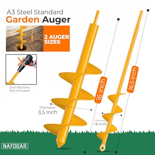 Garden Auger Drill Bit for Planting - Pack of (2) - 1.6”x16.5” & 3.5”x16” – Garden Spiral Hole Digging for Planting, Bulbs, Bedding Plants & More - Compatible with 3/8 Inch Hex Drive - size: Pack of 2: 1.6"x16.5" & 3.5"x16"
