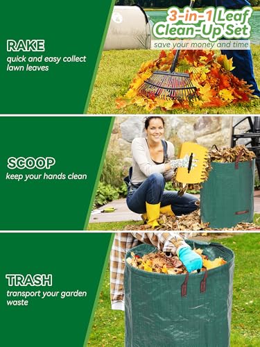 Garden Rake Set for Leaves Lawns, 3-in-1 Gardening Tools Kit with 25 Tines Wide Metal Rake, Leaf Scoops Hand Claws, 32 Gallon Reusable Yard Waste Bag, Heavy Duty 79" Rakes for Pick Up, Clear n Collect - size: 6 ft Rake, Claw, Bag