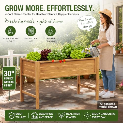 YEFU 48" Raised Garden Bed with Legs, HIPS Outdoor Garden Bed, Teak - color: Teak, size: 48"×24"×30"