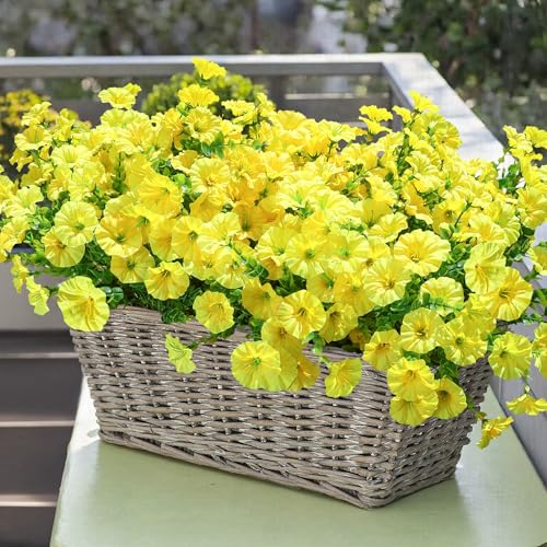 Artificial Fall Flowers Fake Plants for Outdoors, 12 Bundles Yellow Silk Morning Glory with Eucalyptus Realistic UV Resistant Faux Flowers for Outside Planter Porch Yard Patio Garden Home Indoor Decor - color: Yellow