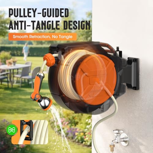 Retractable Garden Hose Reel 1/2" 100ft, 2-in-1 Wall Mount & Portable Auto Rewind Water Hose Reel with Any Length Lock & 180° Swivel, Heavy Duty Outdoor Hose Storage for Garden, Patio and Car Washing - color: Orange