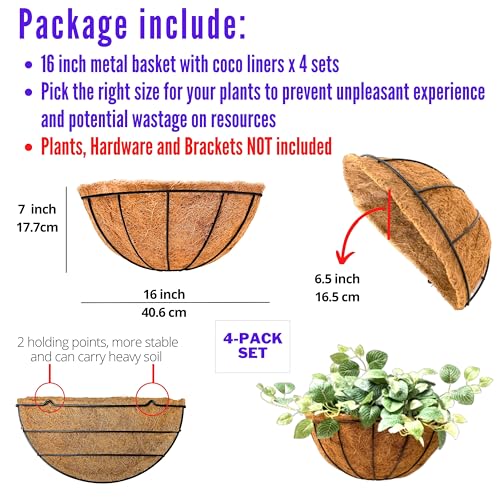 LaLaGreen Hanging Wall Planters (16 in, 4 Pack) Coco Liner Flower Pots - size: 16" x 4 Pack