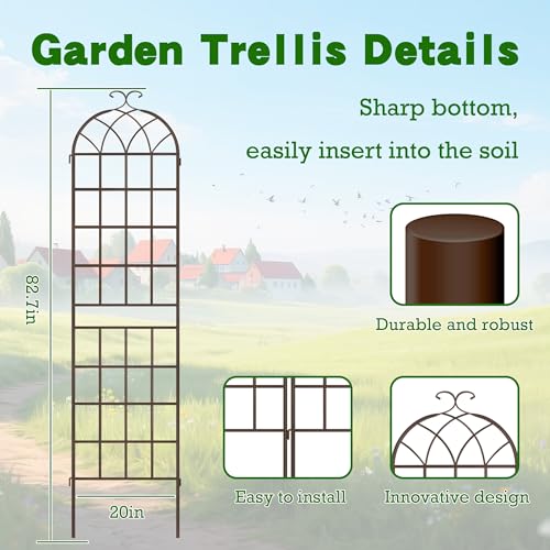 LZRS 82.7 x 80in Rustic Iron Arch Decoration Garden Trellis with Brown Metal Coating – Perfect for Supporting Climbing Plants Outdoor, Roses, Vines, Flowers, and Vegetables. - color: Brown, size: 82.7"H x 80"W