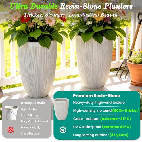 19" Mediterranean Beige Resin Tall Planters with Fluted Texture - color: 19"h-mediterranean Beige