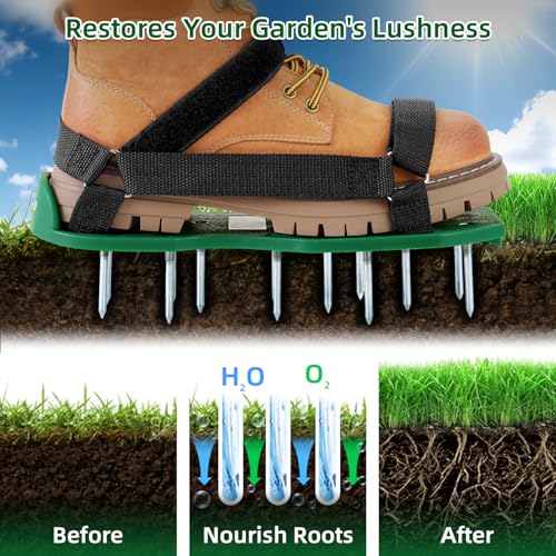 Ohuhu Lawn Aerator Shoes with Hook & Loop Straps, All New Unique Design Free-Installation Heavy Duty Spiked Aerating Sandals, One-Size-Fits-All for Yard Patio Lawn Garden - color: green&black