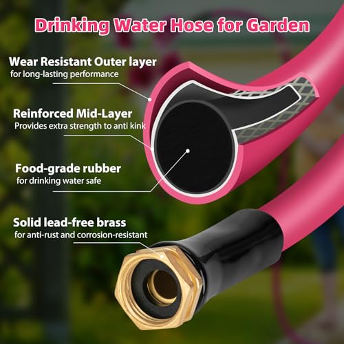 WELLUCK Garden Hose 5/8 in x 10 ft, Heavy Duty Durable Anti Kink Flexible Garden Water Hose for Drinking Water Safe BPA Free, All-weather Lightweight Water Hose for Garden RV Camper Marine - size: 5/8 in x 10FT, style: Pink