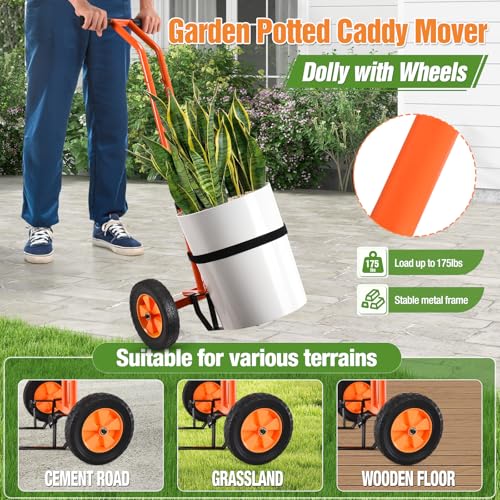 Plant Caddy with Wheels, Heavy Duty Plant Mover Cart with Adjustable Grabbing Arm and Strap, 175 LBS T-Handle Plant Dolly with Suction Cups for Plant Pots Garden Pot Trolley Indoor Outdoor Use, Orange - color: Orange