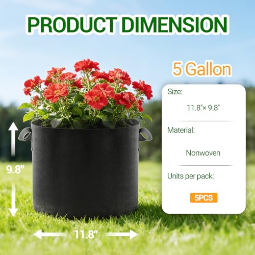 5-Pack 5 Gallon Grow Bags, Thickened Aeration Fabric Pots - size: 5
