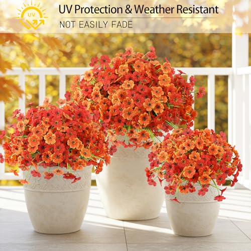 6 Bundles Artificial Mums for Outdoors Decor, UV Resistant Fall Flowers - color: Orange Mix Color, size: 6 PCS