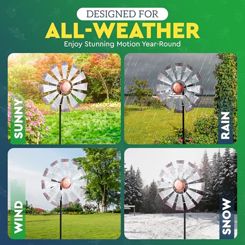 Garden Fixed Wind Spinners with 43" Tall Yard Stake - 13" Windmill Style Wheel | Low Friction Bearings | Weather Galvanized Metal Wind Spinners with Copper Toned Center | Metal Garden Decor
