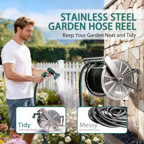 Stainless Steel Garden Hose Reel with 5/8" x 100 ft Heavy Duty Hose, Wall Mount Water Hose Holder, Hose Reels with Crank Handle for Outside, Lawn, Yard, Garage - size: with 5/8" x 100 ft Hose