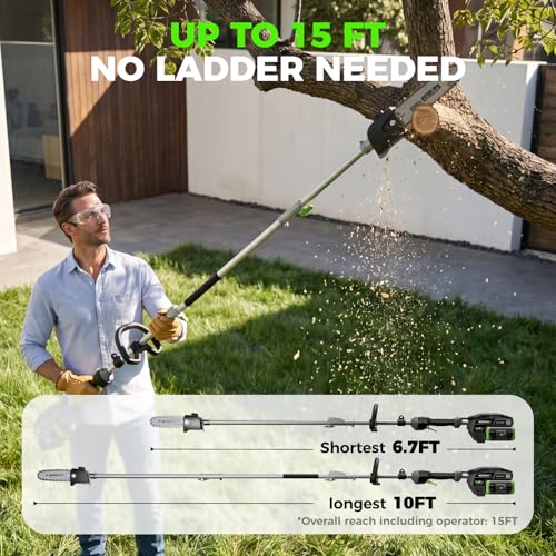 15-FT Cordless Pole Saw 60V Electric Power PoleSaw for Tree Trimming With Pole 10" Cutting Power Max Reach 2.5AH Battery - color: Obsidian Black
