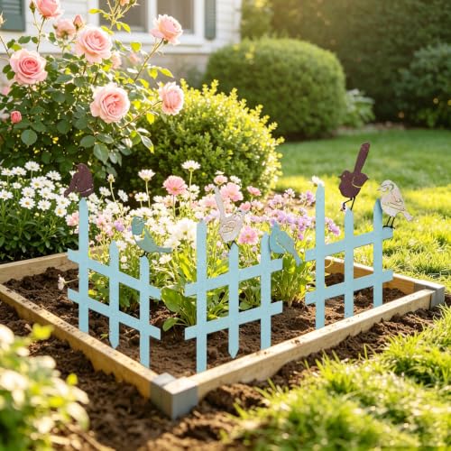 3 Pcs Small Garden Fence with 6 Piece Bird Decoration, Rustic Garden Decor - color: Blue