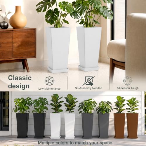 24" Set of 2 Tall White Planters for Outdoor Plants, Tapered - color: Classic White