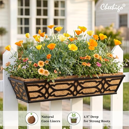 2 Pack 30 Inch Railing Planter Boxes with Coco Liner, Large Metal Window Boxes Planters for Deck Railing, Extra Wide Hanging Horse Trough for Outdoor Plants and Balcony Rails - size: 30 Inch