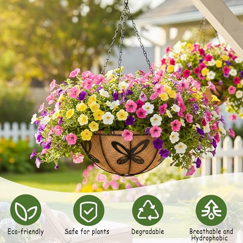 4pcs 14 inch Metal Hanging Baskets Round Wire Plant Stand with Coco Lining Cushion Decorative Planter Hanger Garden Indoor Outdoor Watering Hanging Basket (HD) - color: Dragonflies, size: 14inch