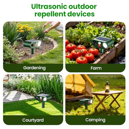2025 Solar Ultrasonic Animal Repellent Rabbit Repeller Raccoon Squirrel Deterrent with Flash Light Motion Sensor to Keep Cat Dog Fox Skunk Out of Garden Yard (4-Pack)