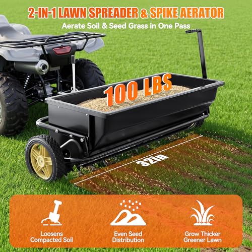 PPOLB 32 Inch Lawn Spreader with Aerator Spikes Tow Behind, 2-in-1 Broadcast Spreader & Lawn Aerator for ATV UTV Tractor, Heavy Duty Steel Hopper, Adjustable Flow Control, Lawn Care Seeder Fertilizer