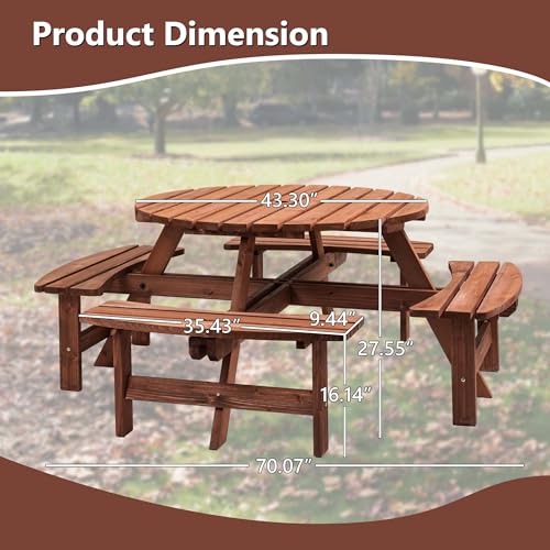 Outdoor Picnic Table for 8 Person, Wooden Picnic Tables with 4 Built-in Benches and Umbrella Hole Outside Table and Bench Set Round Picnic Table for Garden, Backyard, Porch,Patio (Natural - size: 8Person-Round-B