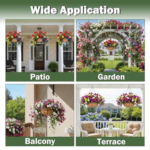 4 Pack 14 Inch Hanging Baskets for Plants Outdoor Metal Hanging Planter Basket with Coco Coir Liner Hanging Flower Pots Holder for Garden, Patio(Flower) - size: 14 Inch, style: English