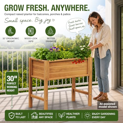 YEFU 34" Small Garden Planter, Wood-Look HIPS Compact Planter Box, Teak - color: Teak, size: 34"×18"×30"