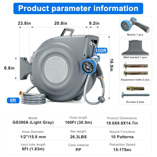 Retractable Garden Hose Reel 1/2 in x 100 ft, Automatic Water Hose Reel - color: Dark Gray, size: 1/2 in x 100 ft