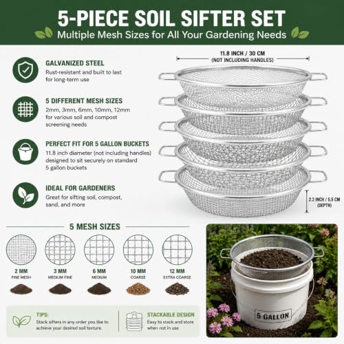 5-Piece Garden Soil Sifter Set with Handles, 11.8" Screens for 5 Gallon Buckets, 2/3/6/10/12mm Mesh for Compost, Sand, Dirt & Gravel