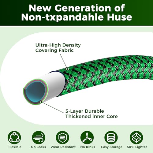 50FT Heavy Duty Garden Hose, Non-Expandable Flexible Kink-Resistant Water Hose, High-Density Fabric, Leak-Proof Metal Connector for Patio Lawn Car Wash - size: 50FT