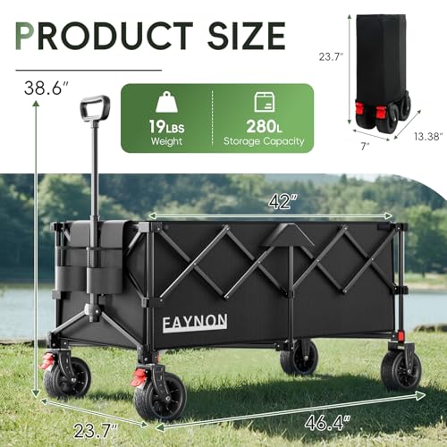 46" L Collapsible Foldable Extended Wagon, 500LB Weight Capacity with 280L Heavy Duty Folding Cart,Utility Wagon with All-Terrain Beach Wheel & Drink Holders,Black - color: Carbon Black