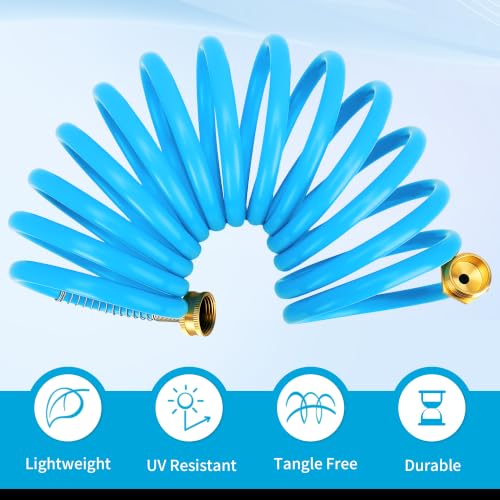AUTOMAN Coil Garden Hose 15 ft, EVA Curly Water Hose with Brass Connectors, Recoil Garden Water Hose,Includes 7-Pattern Function Sprayer,Retractable,Corrosion Resistant Garden Coil Hose. - color: Blue, size: 15 ft