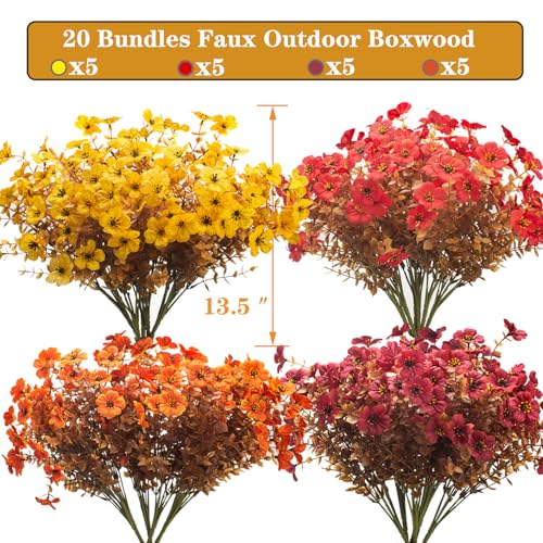 Grunyia 20 Bundles UV Resistant Artificial Fall Flowers for Outdoor - No Maintenance Thanksgiving Decor with Orange Blooms, Faux Silk & Plastic Plants for Porch, Yard (Fall Coffee Mix) - color: Fall Coffee Mix