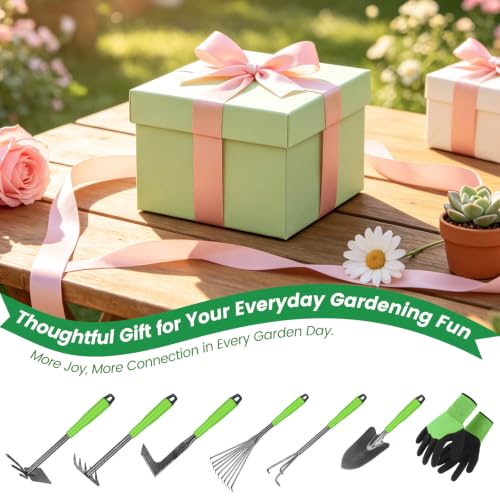 Gardening Tools Garden Tool Set 7 Pack with Ergonomic Non-Slip Handle, Includes Trowel, Hand Weeder, Hand Hoe, Small Rake, Heavy Duty Gardening Kit Garden Tools for Women Gardening Gifts for Birthday