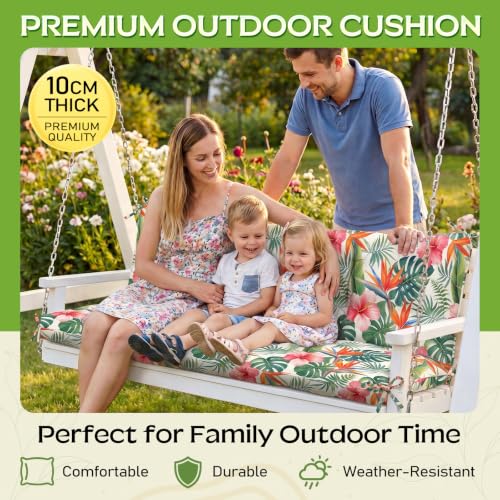 Oxford Fabric Swing Cushions with Backrest & Tie Straps for Patio Bench - color: Red Floral With Green Leaf
