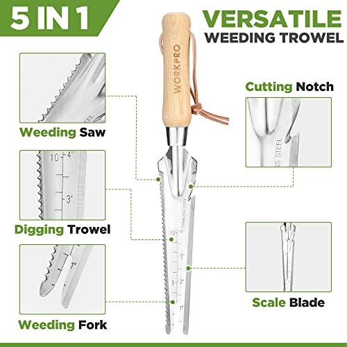 WORKPRO Hand Weeder Puller, 5-in-1 Garden Trowel with Wooden Handle
